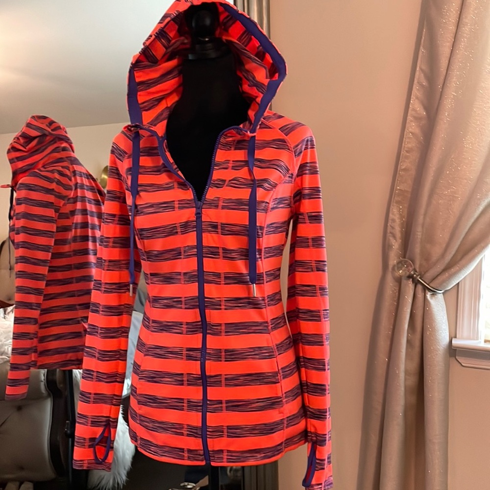 Colorful bright coral/pink with purple horizontal stripes workout jacket
